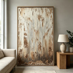 "Rustic Timelessness" – Wabi-Sabi Heavy Textured Impasto Canvas Art (Neutral Distressed Earth-Tone Framed Wall Decor)