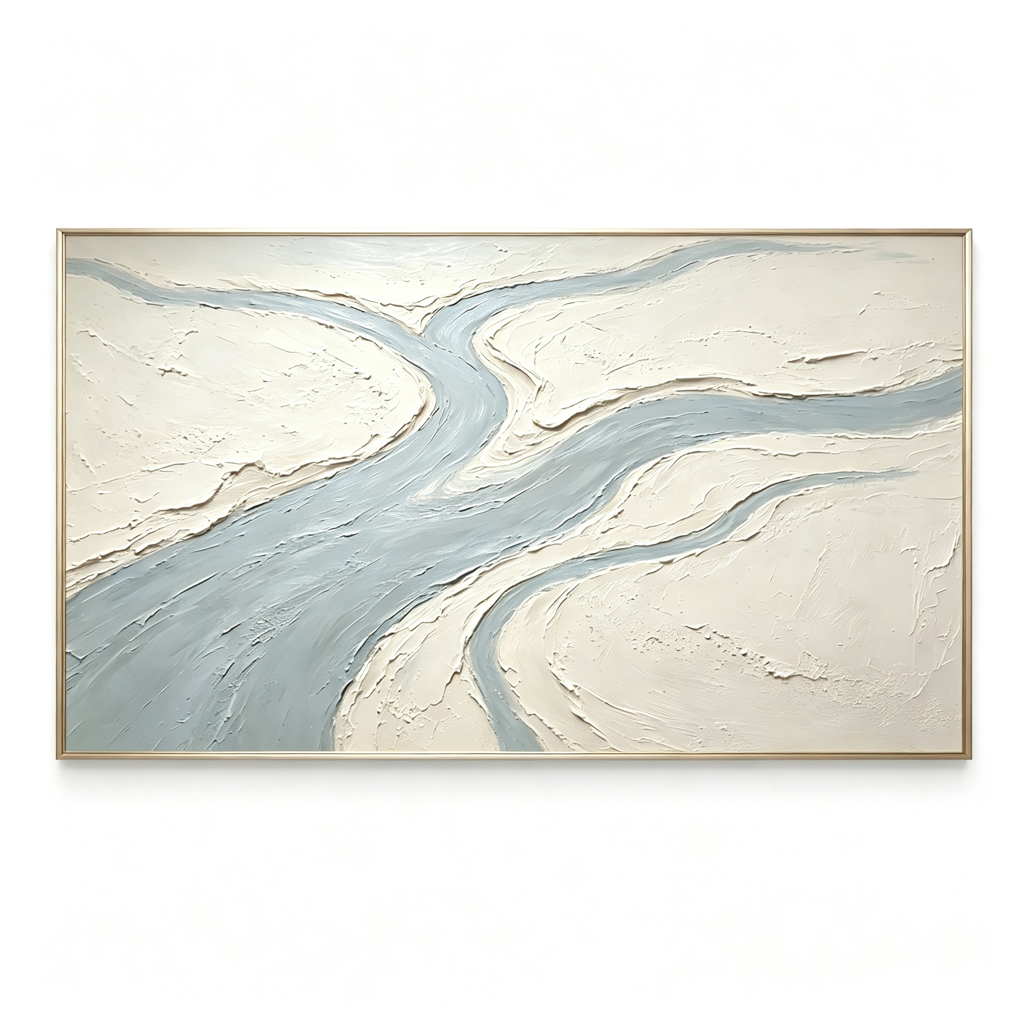 Meandering Stream – Hand-Painted 3D River & Valley Textured Canvas Wall Art | Minimalist Wabi-Sabi Framed Artwork TEXVAS | Textured Canvas Art