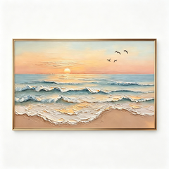 Golden Horizon – Hand-Painted 3D Ocean Wave Sunset Canvas Wall Art | Coastal Impasto Seascape Framed Artwork TEXVAS | Textured Canvas Art
