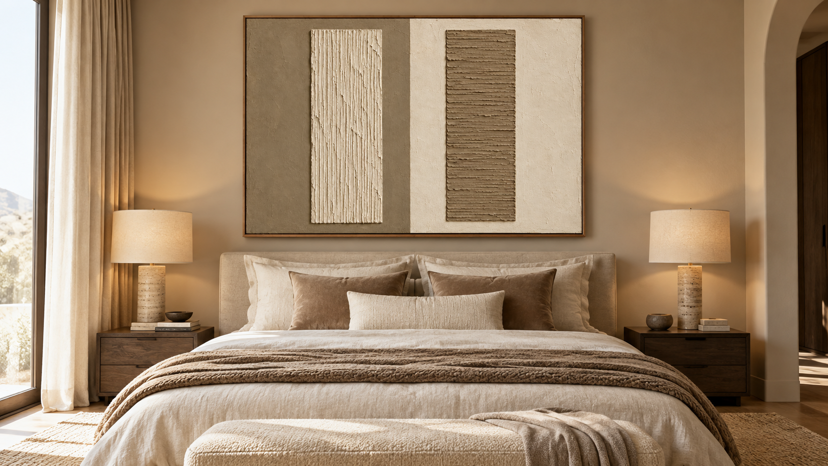 Large Horizontal 3D Textured Geometric Canvas Wall Art – Hand-Painted Beige & Taupe Plaster Oil Painting, Modern Wabi-Sabi Minimalist Combed Texture Palette Knife Art for Living Room Over Sofa & Bedroom Decor TEXVAS | Textured Canvas Art