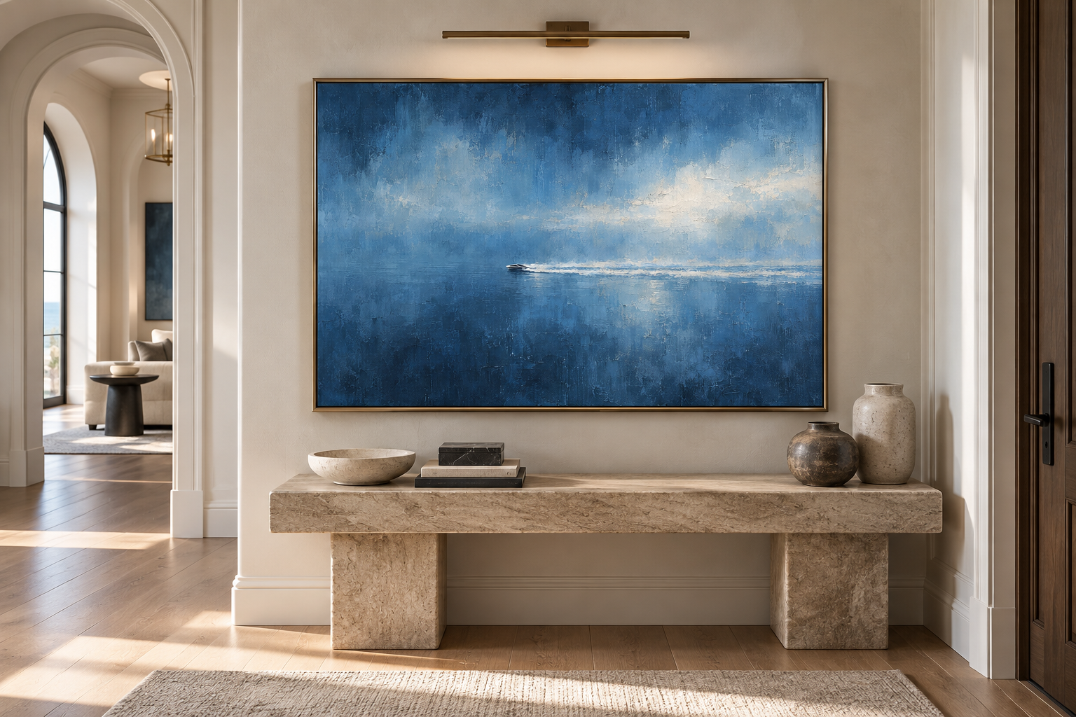 Large Horizontal Blue Seascape Canvas Wall Art – Hand-Painted Speedboat Ocean Waves Oil Painting, Modern Abstract Textured Navy Blue Seascape Artwork for Living Room Over Sofa & Bedroom Decor TEXVAS | Textured Canvas Art