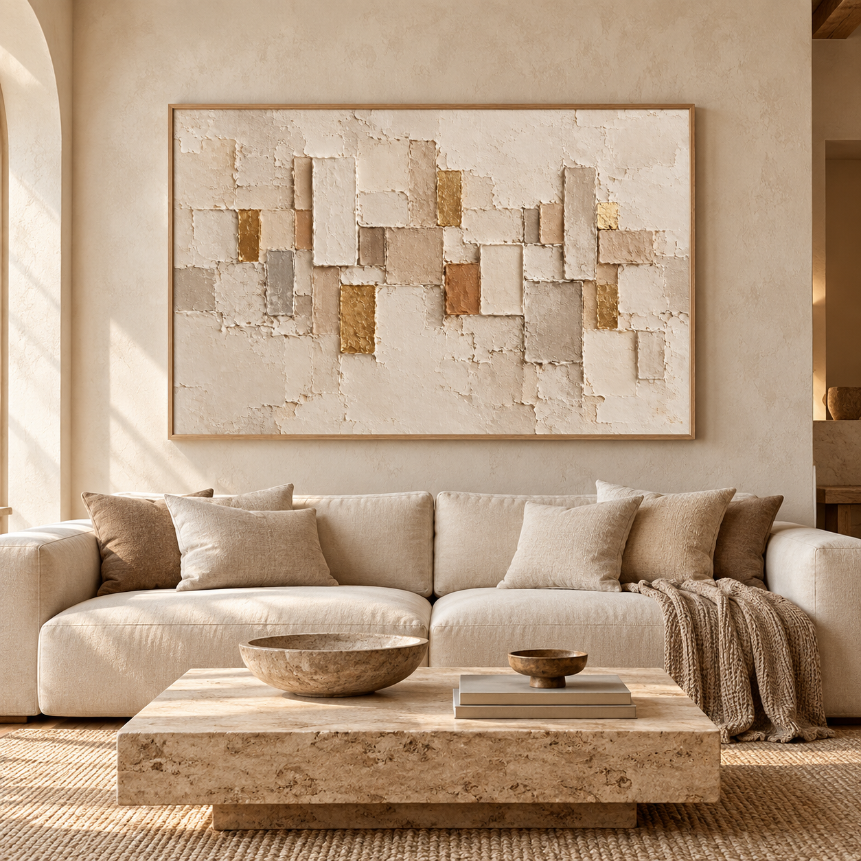 Large Horizontal 3D Textured Beige Abstract Canvas Wall Art – Hand-Painted Gold Leaf Geometric Block Impasto Oil Painting, Wabi-Sabi Neutral Palette Knife Art for Living Room Over Sofa & Bedroom Decor TEXVAS | Textured Canvas Art