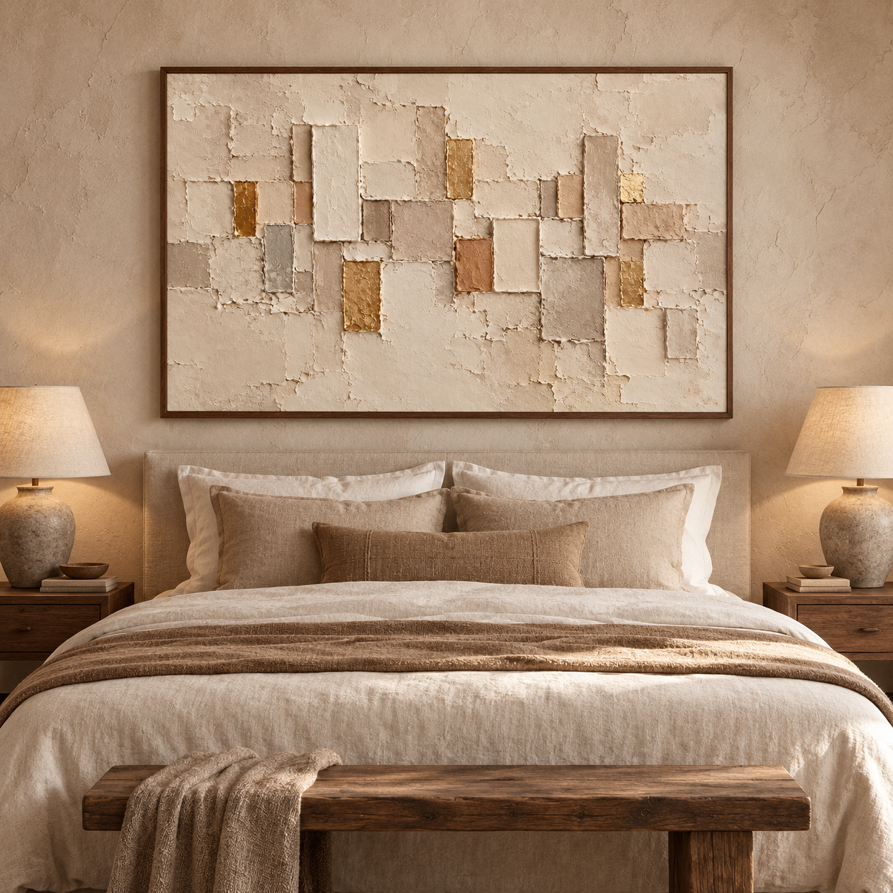 Large Horizontal 3D Textured Beige Abstract Canvas Wall Art – Hand-Painted Gold Leaf Geometric Block Impasto Oil Painting, Wabi-Sabi Neutral Palette Knife Art for Living Room Over Sofa & Bedroom Decor TEXVAS | Textured Canvas Art