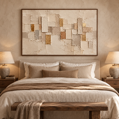 Large Horizontal 3D Textured Beige Abstract Canvas Wall Art – Hand-Painted Gold Leaf Geometric Block Impasto Oil Painting, Wabi-Sabi Neutral Palette Knife Art for Living Room Over Sofa & Bedroom Decor TEXVAS | Textured Canvas Art