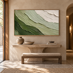 Large Horizontal 3D Textured Green Canvas Wall Art – Hand-Painted Sage Green & Beige Wave Impasto Oil Painting, Wabi-Sabi Modern Organic Palette Knife Art for Living Room Over Sofa & Bedroom Decor TEXVAS | Textured Canvas Art