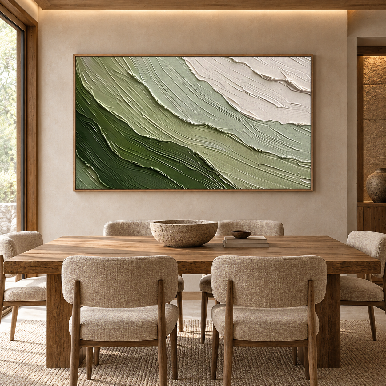 Large Horizontal 3D Textured Green Canvas Wall Art – Hand-Painted Sage Green & Beige Wave Impasto Oil Painting, Wabi-Sabi Modern Organic Palette Knife Art for Living Room Over Sofa & Bedroom Decor TEXVAS | Textured Canvas Art