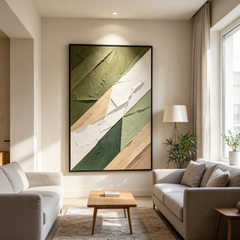 Modern Abstract Geometric 3D Texture Art – Hand-Painted Sage & Olive Green Color-Blocking (Vertical Wall Decor)
