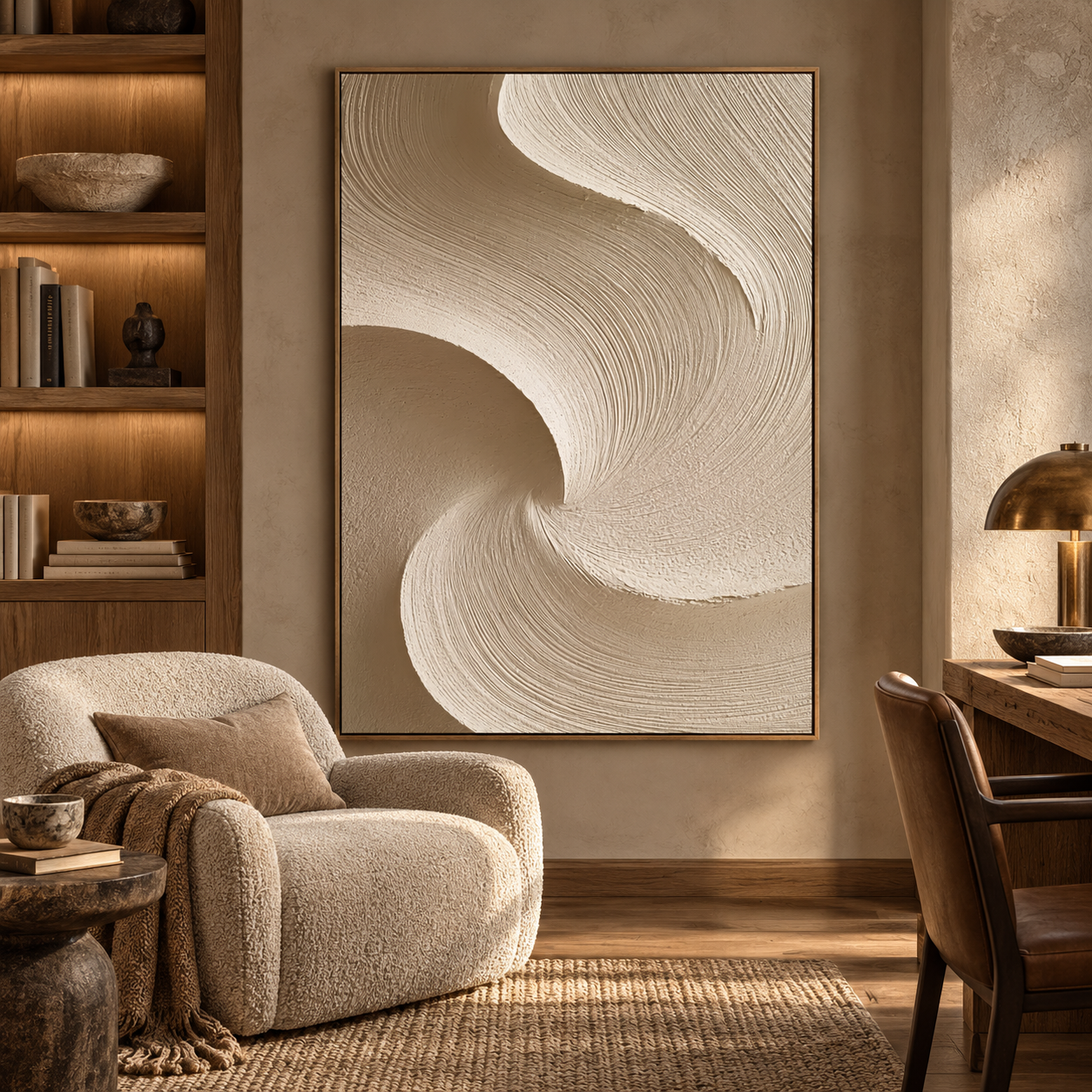 Large Vertical 3D Textured Neutral Canvas Wall Art – Hand-Painted Beige & Taupe Swirl Wave Plaster Oil Painting, Modern Wabi-Sabi Curved Combed Texture Palette Knife Art for Entryway & Bedroom Decor TEXVAS | Textured Canvas Art