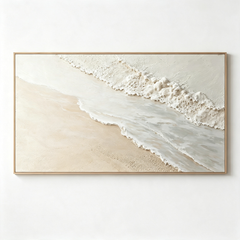 Minimalist Coastal Calm 3D Texture Art – Hand-Painted White Sand & Waves (Abstract Seascape Horizontal Wall Decor)