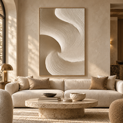 Large Vertical 3D Textured Neutral Canvas Wall Art – Hand-Painted Beige & Taupe Swirl Wave Plaster Oil Painting, Modern Wabi-Sabi Curved Combed Texture Palette Knife Art for Entryway & Bedroom Decor TEXVAS | Textured Canvas Art