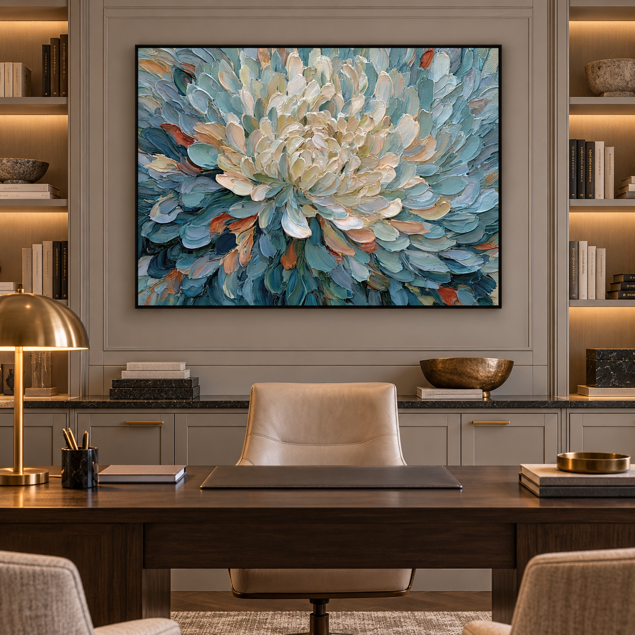 Large Horizontal 3D Textured Floral Canvas Wall Art – Hand-Painted Dusty Blue & Cream Blooming Flower Impasto Oil Painting, Palette Knife Botanical Art for Living Room Over Sofa & Bedroom Decor TEXVAS | Textured Canvas Art