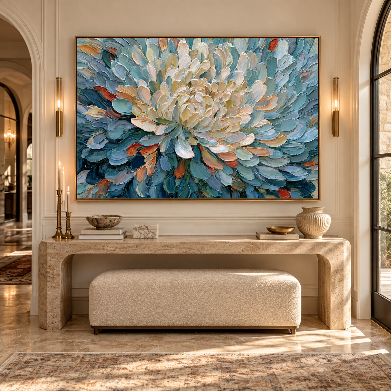 Large Horizontal 3D Textured Floral Canvas Wall Art – Hand-Painted Dusty Blue & Cream Blooming Flower Impasto Oil Painting, Palette Knife Botanical Art for Living Room Over Sofa & Bedroom Decor TEXVAS | Textured Canvas Art