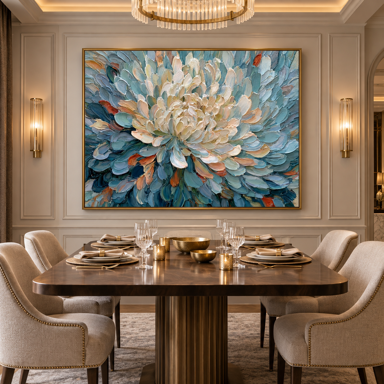Large Horizontal 3D Textured Floral Canvas Wall Art – Hand-Painted Dusty Blue & Cream Blooming Flower Impasto Oil Painting, Palette Knife Botanical Art for Living Room Over Sofa & Bedroom Decor TEXVAS | Textured Canvas Art
