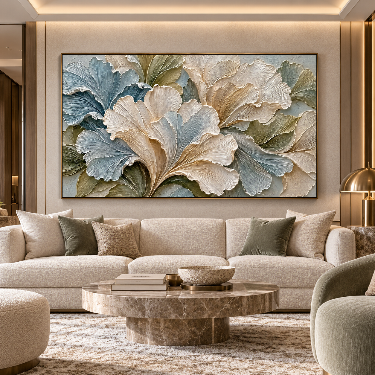 Large Horizontal 3D Textured Floral Canvas Wall Art – Hand-Painted Ginkgo Leaf Impasto Oil Painting, Modern Sage Green, Slate Blue & Cream Palette Knife Art for Living Room Over Sofa & Bedroom Decor TEXVAS | Textured Canvas Art