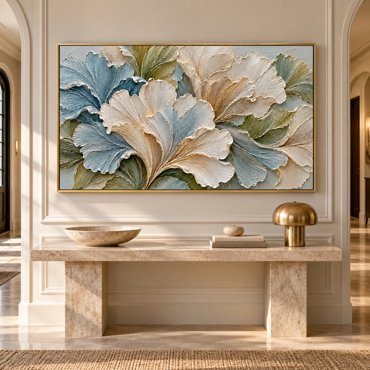 Large Horizontal 3D Textured Floral Canvas Wall Art – Hand-Painted Ginkgo Leaf Impasto Oil Painting, Modern Sage Green, Slate Blue & Cream Palette Knife Art for Living Room Over Sofa & Bedroom Decor TEXVAS | Textured Canvas Art