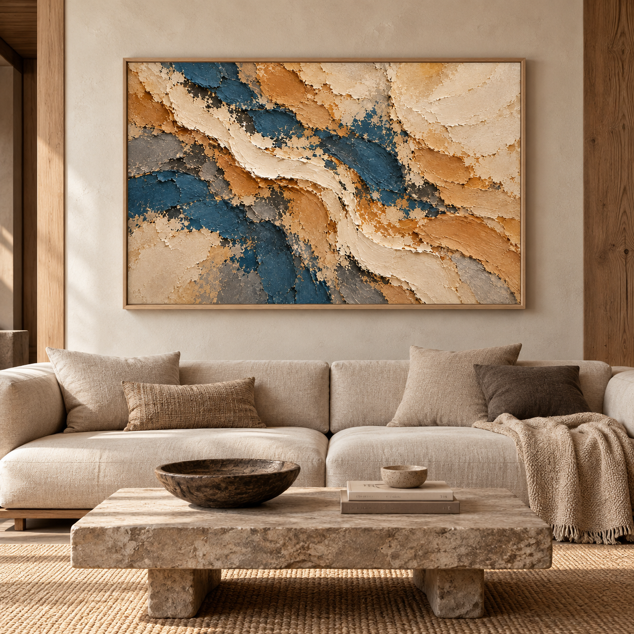 Large Horizontal 3D Textured Navy Blue & Gold Canvas Wall Art – Hand-Painted Ocean & Sand Impasto Oil Painting, Modern Wabi-Sabi Palette Knife Art for Living Room Over Sofa & Bedroom Decor TEXVAS | Textured Canvas Art