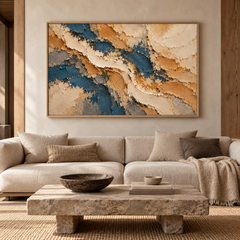 Large Horizontal 3D Textured Navy Blue & Gold Canvas Wall Art – Hand-Painted Ocean & Sand Impasto Oil Painting, Modern Wabi-Sabi Palette Knife Art for Living Room Over Sofa & Bedroom Decor TEXVAS | Textured Canvas Art