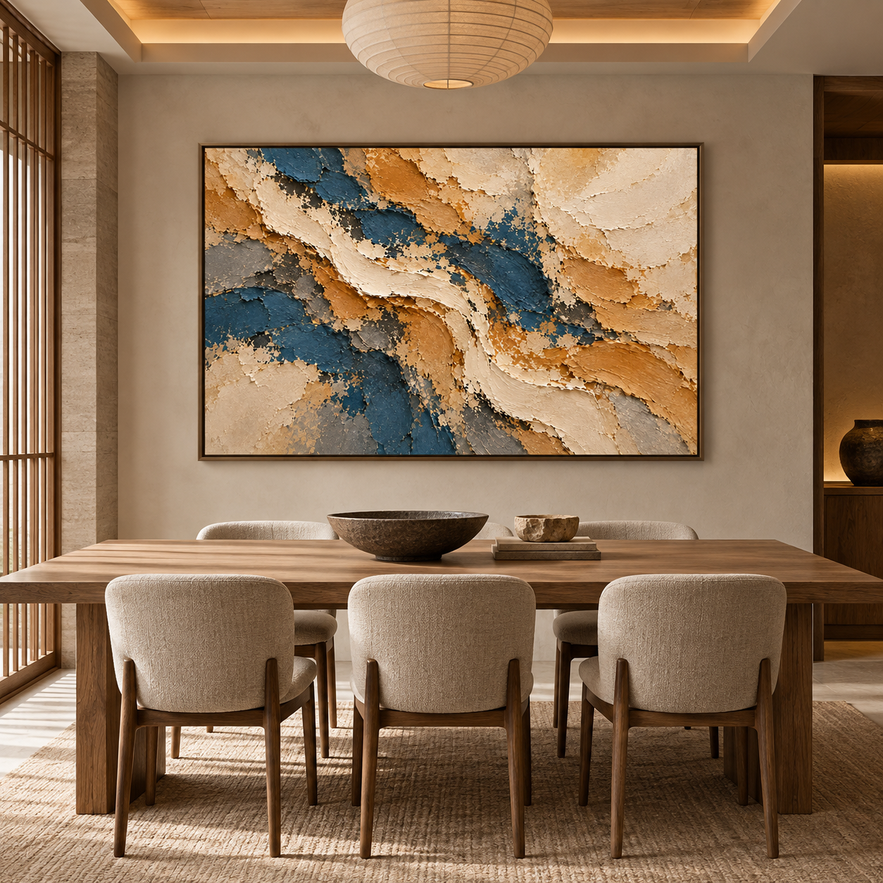 Large Horizontal 3D Textured Navy Blue & Gold Canvas Wall Art – Hand-Painted Ocean & Sand Impasto Oil Painting, Modern Wabi-Sabi Palette Knife Art for Living Room Over Sofa & Bedroom Decor TEXVAS | Textured Canvas Art