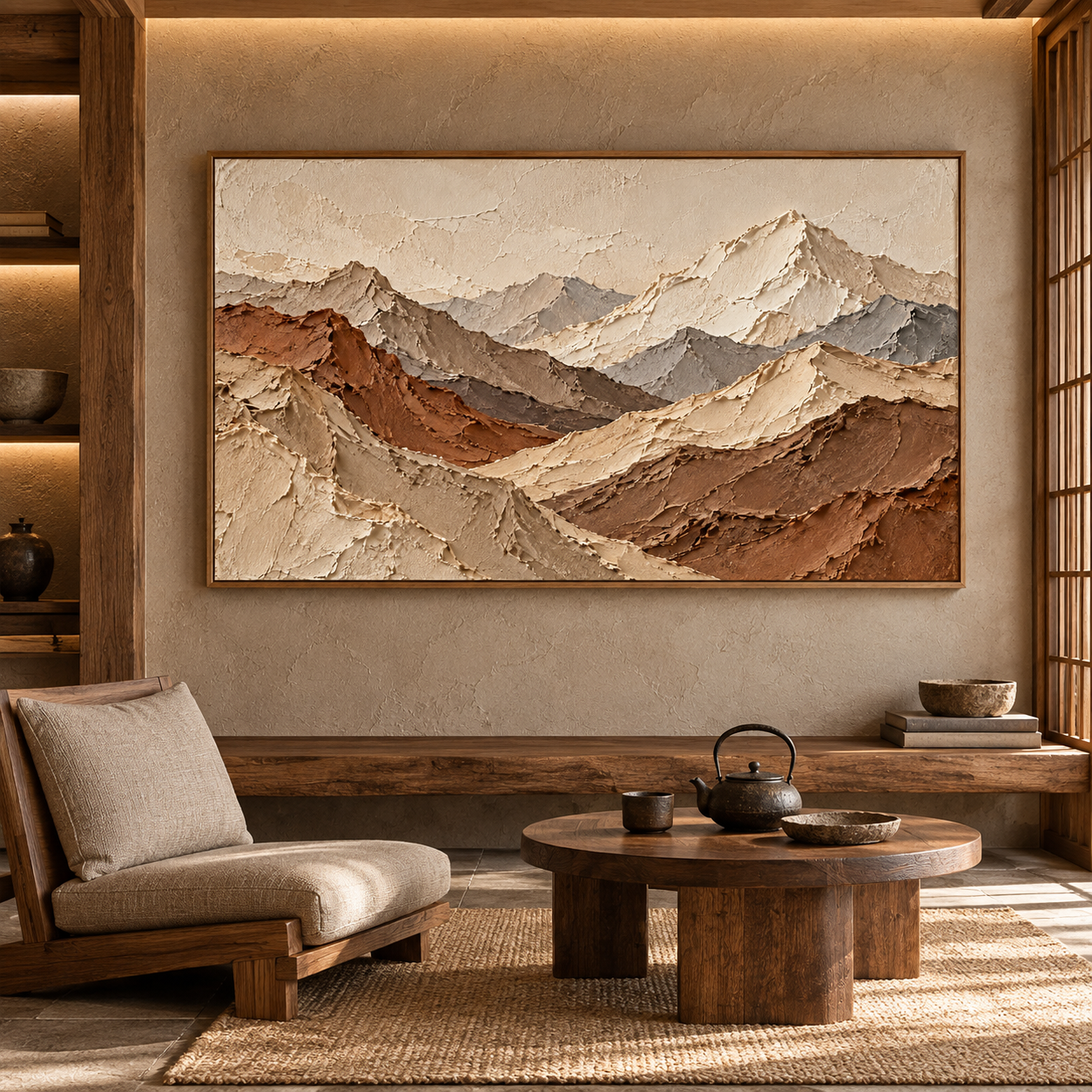 Large Horizontal 3D Textured Mountain Canvas Wall Art – Hand-Painted Neutral Earth Tone Mountain Range Impasto Oil Painting, Modern Wabi-Sabi Terracotta & Slate Landscape Palette Knife Art for Living Room Over Sofa & Bedroom Decor TEXVAS | Textured Canvas Art
