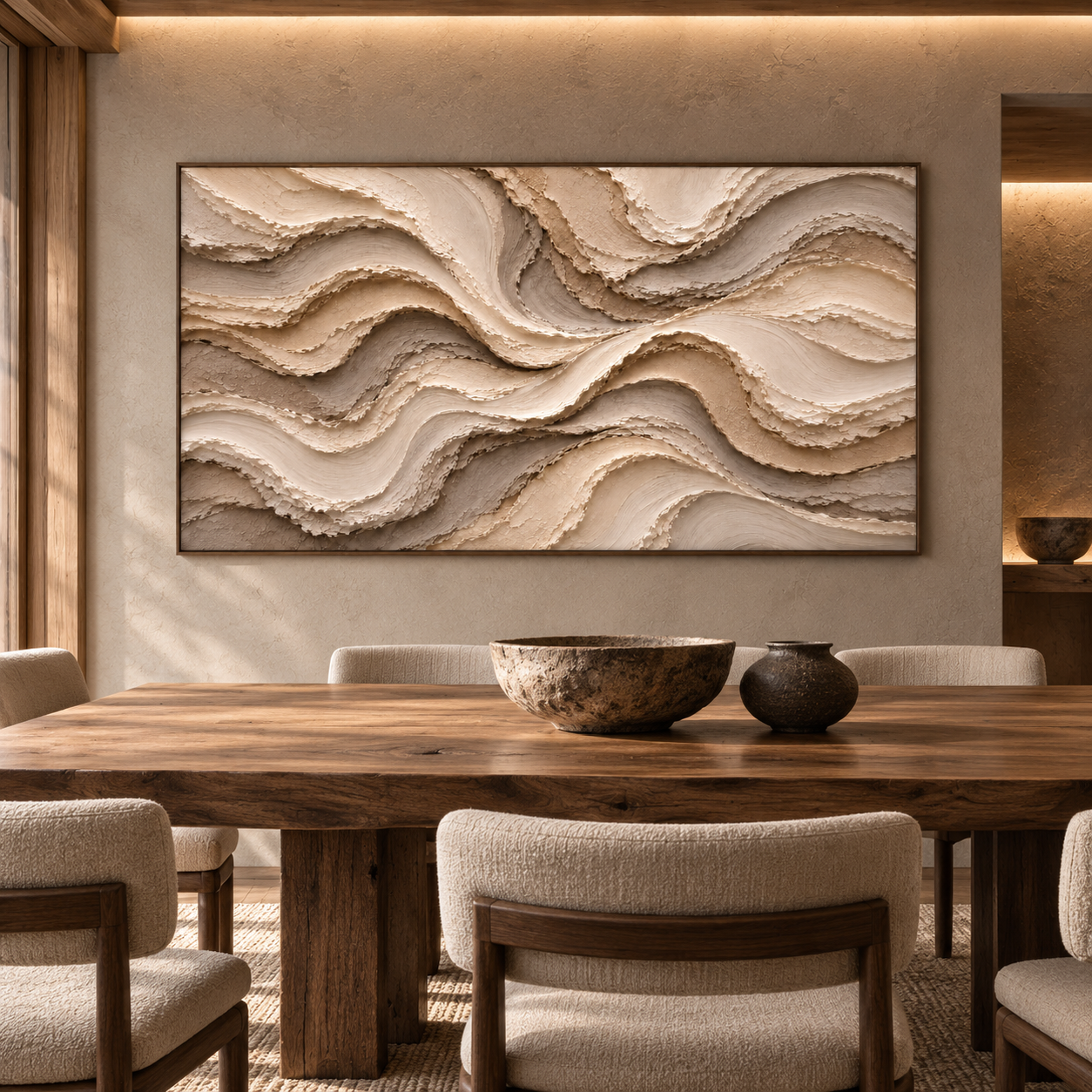 Large Horizontal 3D Textured Canyon Canvas Wall Art – Hand-Painted Earthy Beige & Terracotta Impasto Oil Painting, Wabi-Sabi Desert Wave Palette Knife Art for Living Room Over Sofa & Bedroom Decor TEXVAS | Textured Canvas Art