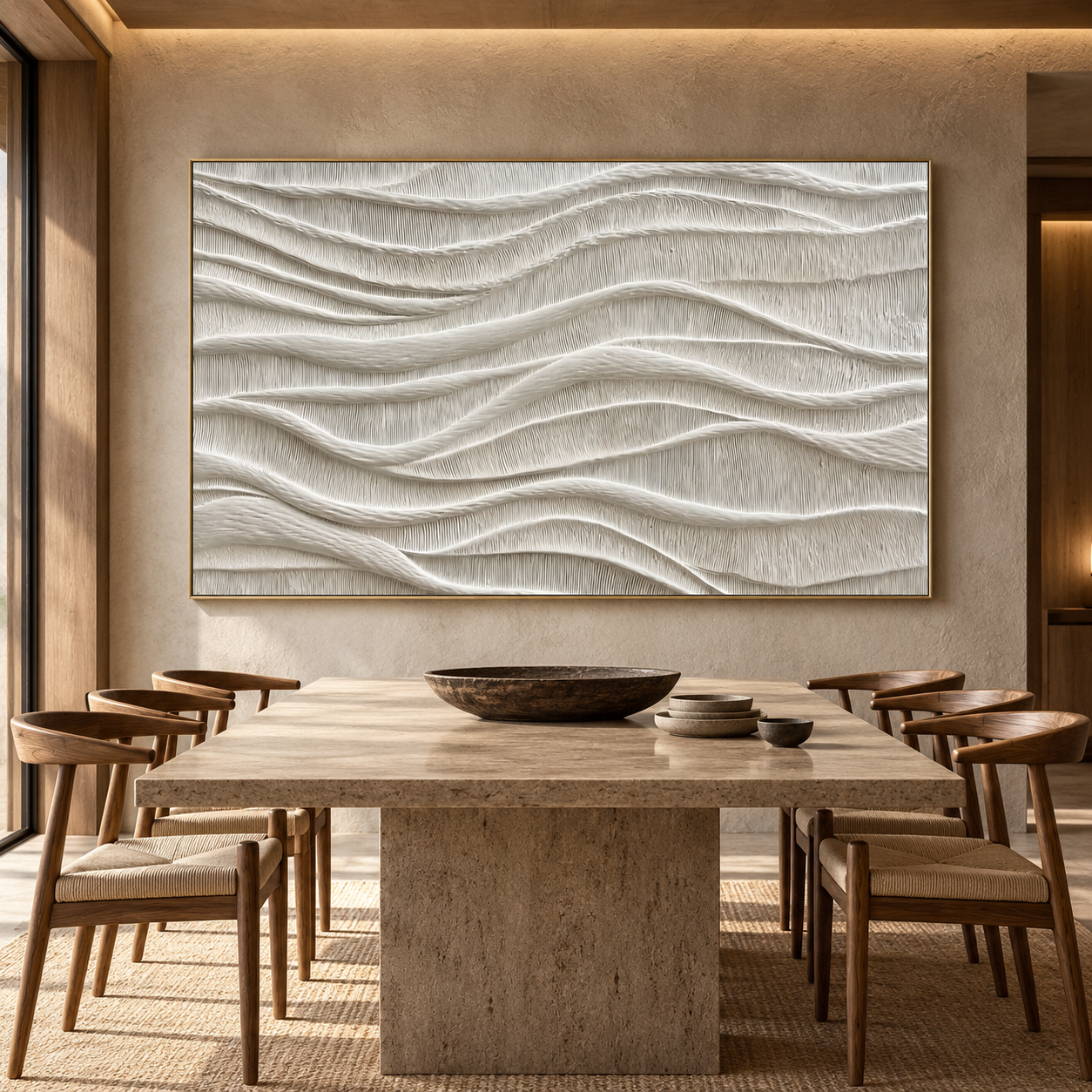 Large Horizontal 3D Textured White Canvas Wall Art – Hand-Painted Off-White & Beige Wave Plaster Oil Painting, Wabi-Sabi Minimalist Combed Texture Palette Knife Art for Living Room Over Sofa & Bedroom Decor TEXVAS | Textured Canvas Art