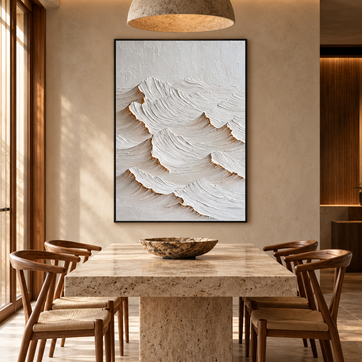 Large Vertical 3D Textured White & Gold Canvas Wall Art – Hand-Painted Minimalist Wave Mountain Plaster Oil Painting, Modern Wabi-Sabi Palette Knife Impasto Art with Metallic Gold Trim for Entryway & Bedroom Decor TEXVAS | Textured Canvas Art