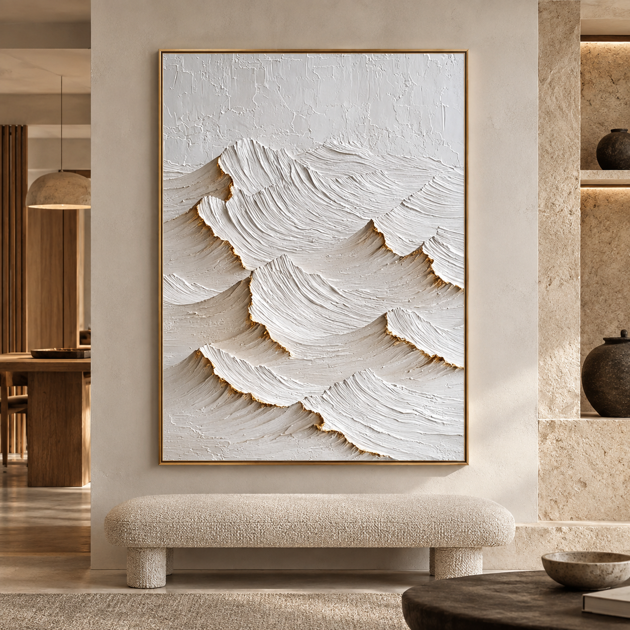 Large Vertical 3D Textured White & Gold Canvas Wall Art – Hand-Painted Minimalist Wave Mountain Plaster Oil Painting, Modern Wabi-Sabi Palette Knife Impasto Art with Metallic Gold Trim for Entryway & Bedroom Decor TEXVAS | Textured Canvas Art