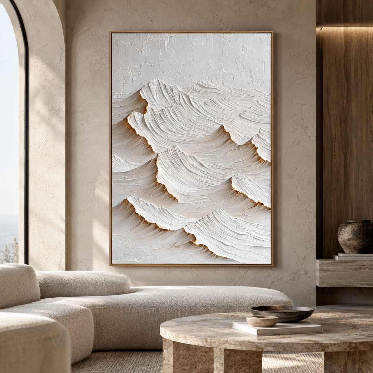 Large Vertical 3D Textured White & Gold Canvas Wall Art – Hand-Painted Minimalist Wave Mountain Plaster Oil Painting, Modern Wabi-Sabi Palette Knife Impasto Art with Metallic Gold Trim for Entryway & Bedroom Decor TEXVAS | Textured Canvas Art