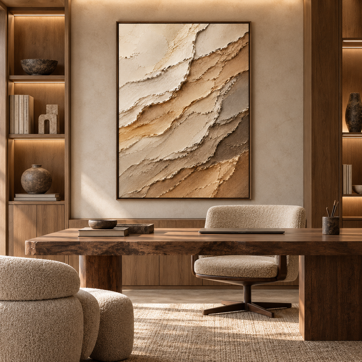 Large Vertical 3D Textured Canvas Wall Art – Hand-Painted Earth Tone Beige & Brown Sand Wave Impasto Oil Painting, Modern Wabi-Sabi Neutral Palette Knife Plaster Art for Entryway & Bedroom Decor TEXVAS | Textured Canvas Art