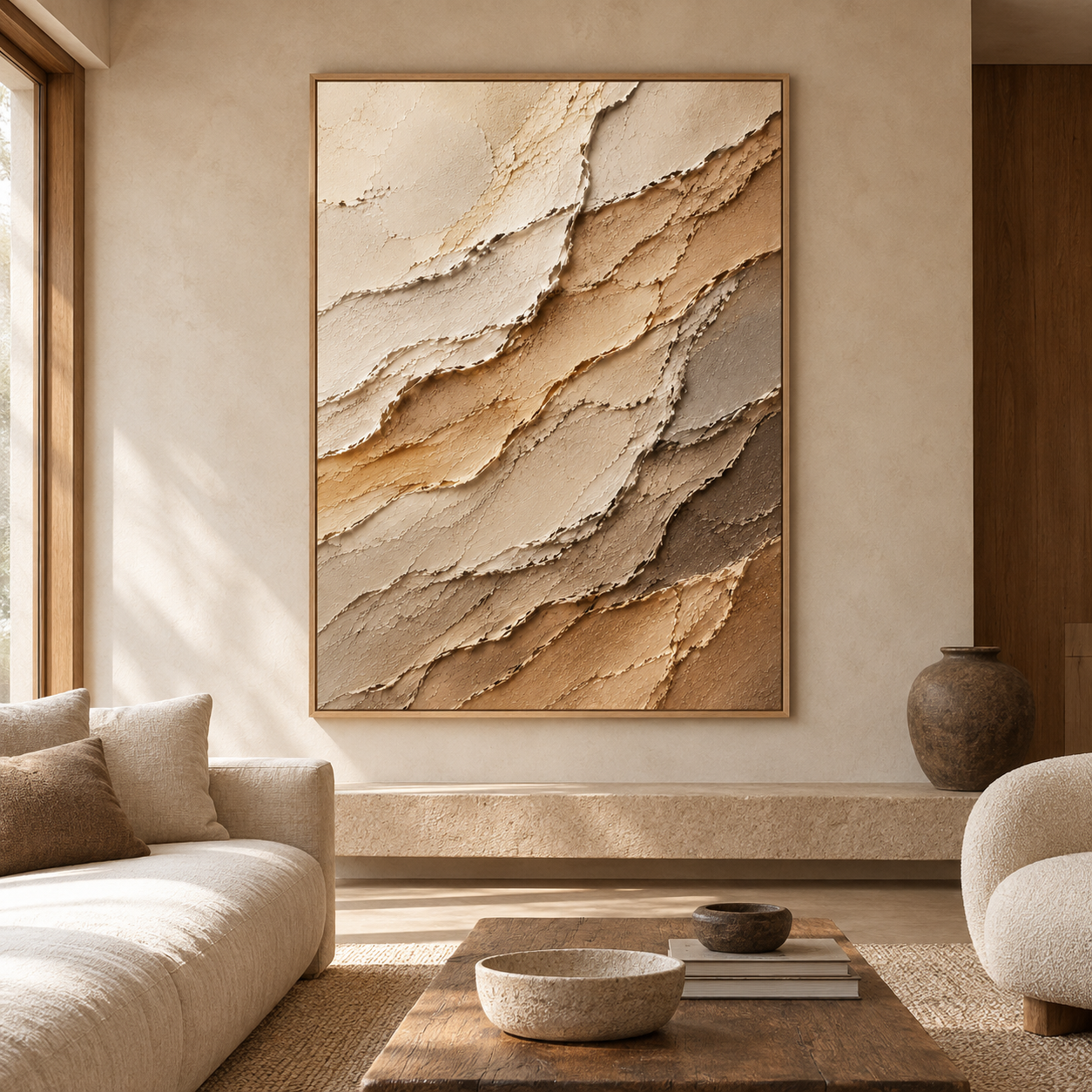 Large Vertical 3D Textured Canvas Wall Art – Hand-Painted Earth Tone Beige & Brown Sand Wave Impasto Oil Painting, Modern Wabi-Sabi Neutral Palette Knife Plaster Art for Entryway & Bedroom Decor TEXVAS | Textured Canvas Art