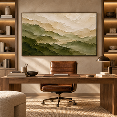 Misty Ridges – Hand-Painted 3D Sage Green & Beige Mountain Textured Canvas Wall Art | Minimalist Wabi-Sabi Framed Artwork TEXVAS | Textured Canvas Art