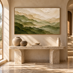 Misty Ridges – Hand-Painted 3D Sage Green & Beige Mountain Textured Canvas Wall Art | Minimalist Wabi-Sabi Framed Artwork TEXVAS | Textured Canvas Art