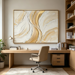 Golden Veins – Hand-Painted 3D Gold Leaf & Cream Textured Canvas Wall Art | Minimalist Luxury Framed Artwork TEXVAS | Textured Canvas Art