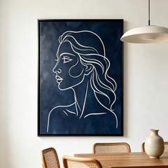 "Elegance in Profile" – Minimalist Continuous Line Woman's Silhouette Canvas Art (Framed Deep Navy Wall Decor)