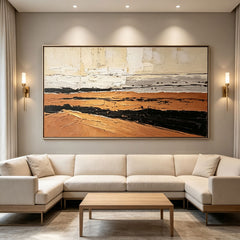 Oversized Terracotta Color Block Wall Art & Textured Geometric Abstract Painting | Cream Beige Canvas with Gold Line Accent