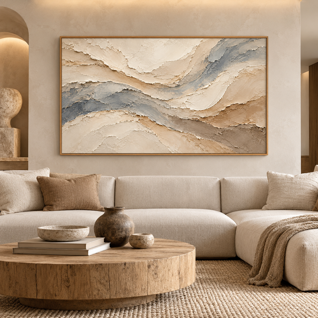 Serene River Currents 3D Textured Wall Art – Slate Blue, Sand Beige & Cream Heavy Impasto Canvas Painting, Large Horizontal Wabi-Sabi Wall Decor TEXVAS | Textured Canvas Art