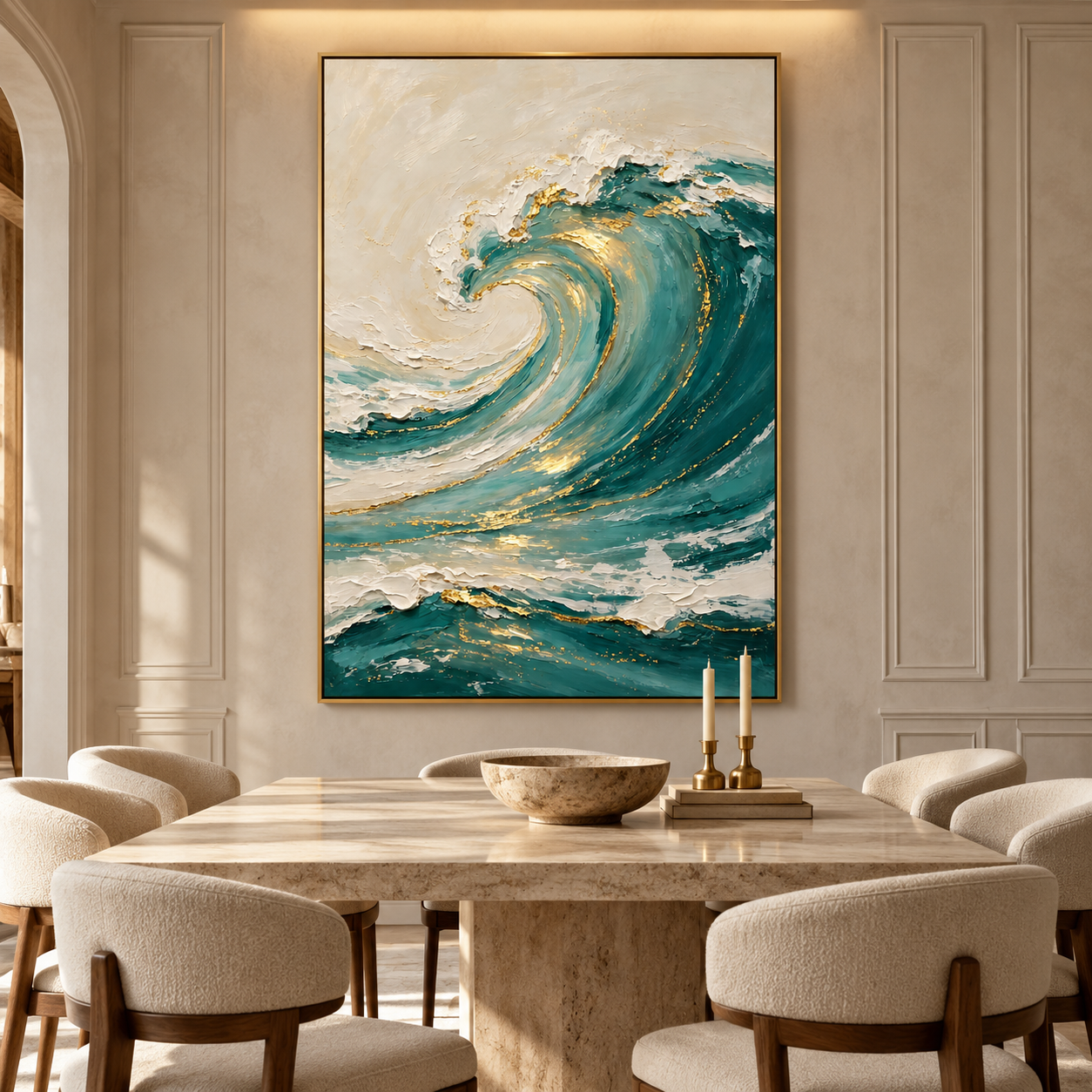 Large 3D Textured Ocean Wave Canvas Wall Art – Hand-Painted Teal Green & Gold Leaf Impasto Oil Painting, Coastal Abstract Wave Palette Knife Art for Living Room, Bedroom & Office Decor TEXVAS | Textured Canvas Art