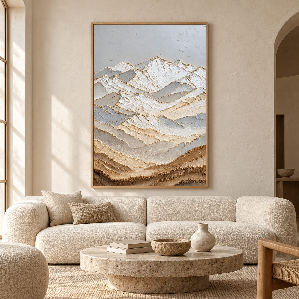 Large 3D Textured Mountain Canvas Wall Art – Hand-Painted Snow Mountain Impasto Oil Painting, Modern Neutral & Gold Leaf Palette Knife Landscape Art for Living Room, Bedroom & Office Decor TEXVAS | Textured Canvas Art
