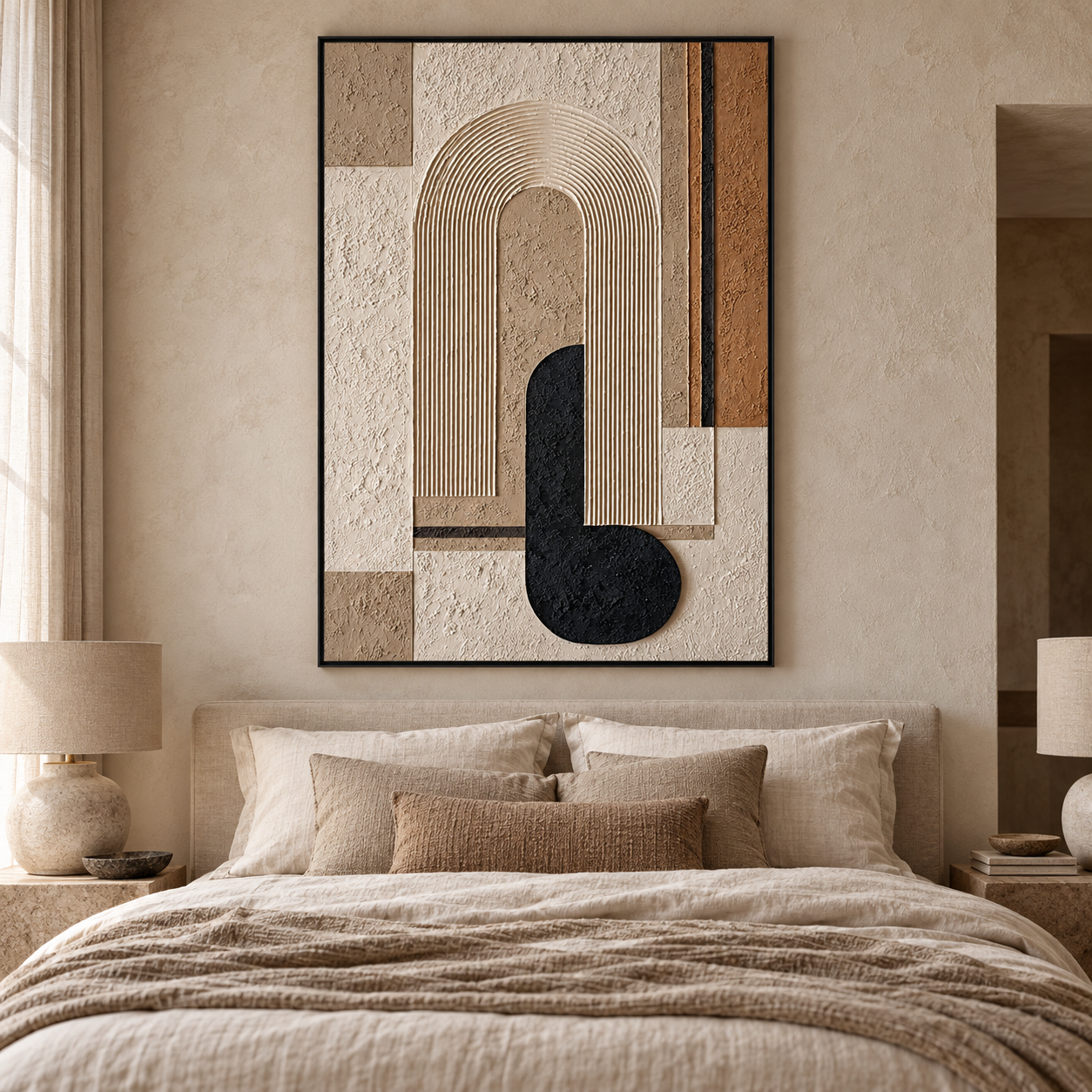 Large 3D Textured Geometric Canvas Wall Art – Hand-Painted Arch Minimalist Impasto Oil Painting, Mid-Century Modern Neutral & Black Palette Knife Art for Living Room, Bedroom & Office Decor TEXVAS | Textured Canvas Art