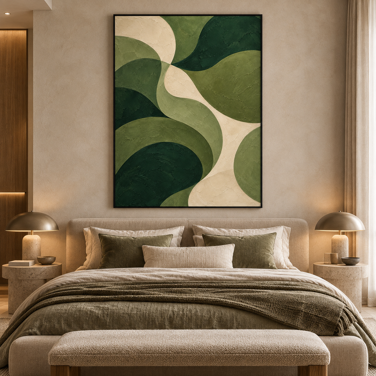 Modern Organic Wave Abstract Canvas Wall Art – Hand-Painted Forest Green & Beige Textured Oil Painting, Mid-Century Curved Abstract Art for Living Room, Bedroom & Office Decor TEXVAS | Textured Canvas Art
