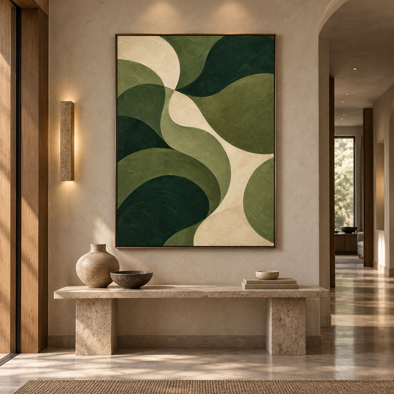 Modern Organic Wave Abstract Canvas Wall Art – Hand-Painted Forest Green & Beige Textured Oil Painting, Mid-Century Curved Abstract Art for Living Room, Bedroom & Office Decor TEXVAS | Textured Canvas Art