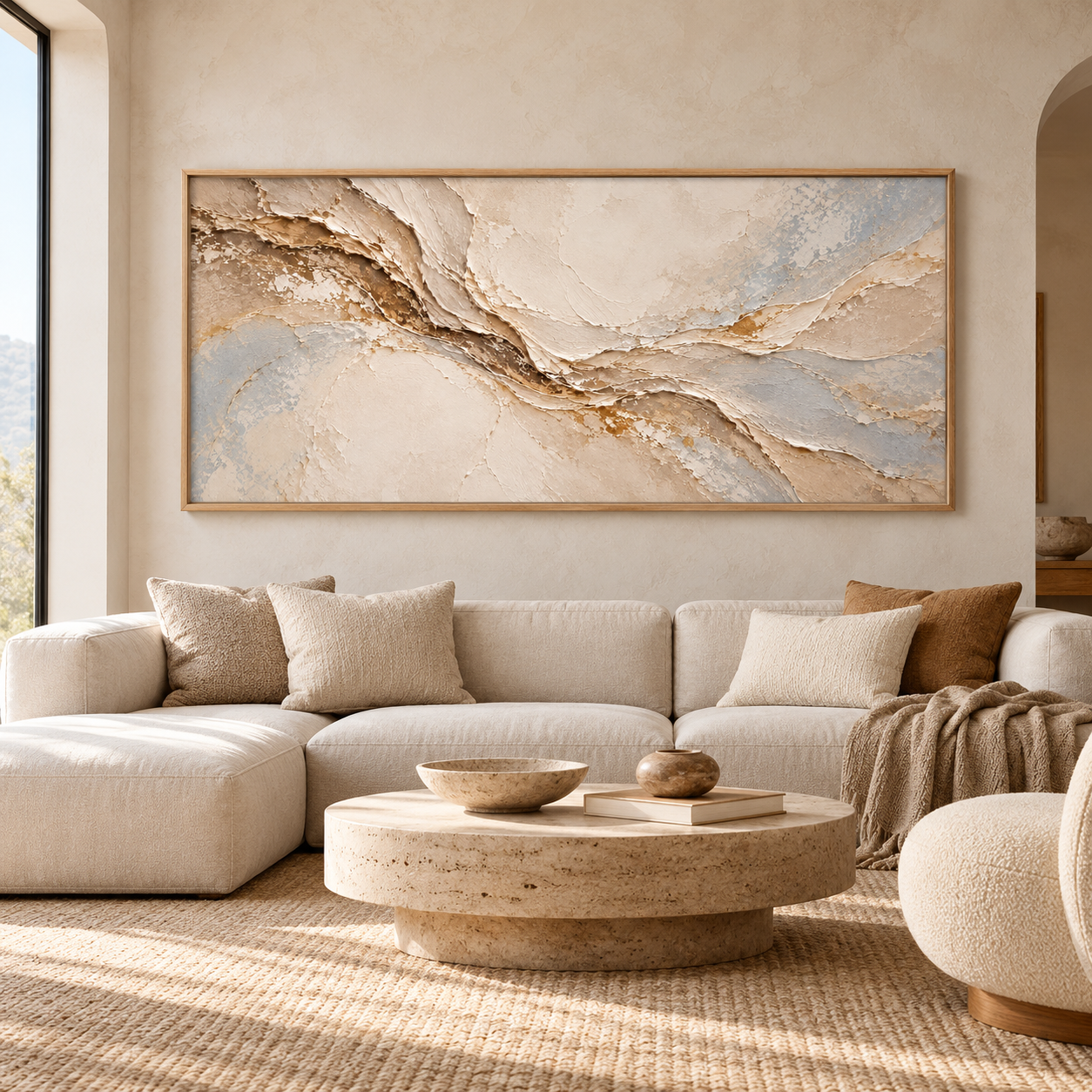 Earth Veins – Hand-Painted 3D Beige & Gold Weathered Canyon Textured Canvas Wall Art | Minimalist Wabi-Sabi Framed Artwork TEXVAS | Textured Canvas Art