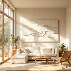 Minimalist Flowing Ridge 3D Texture Art – Hand-Painted White & Cream Abstract Landscape (Horizontal Wall Decor)