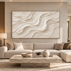 Large Horizontal 3D Textured White Canvas Wall Art – Hand-Painted Off-White & Cream Wave Plaster Oil Painting, Minimalist Modern Wabi-Sabi Flowing Line Palette Knife Art for Living Room Over Sofa & Bedroom Decor TEXVAS | Textured Canvas Art