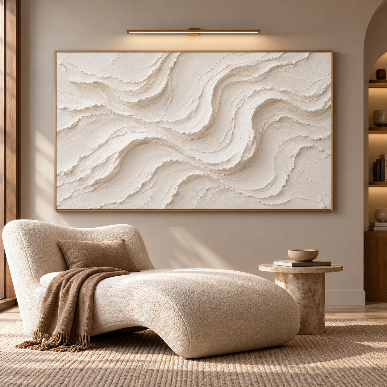 Large Horizontal 3D Textured White Canvas Wall Art – Hand-Painted Off-White & Cream Wave Plaster Oil Painting, Minimalist Modern Wabi-Sabi Flowing Line Palette Knife Art for Living Room Over Sofa & Bedroom Decor TEXVAS | Textured Canvas Art