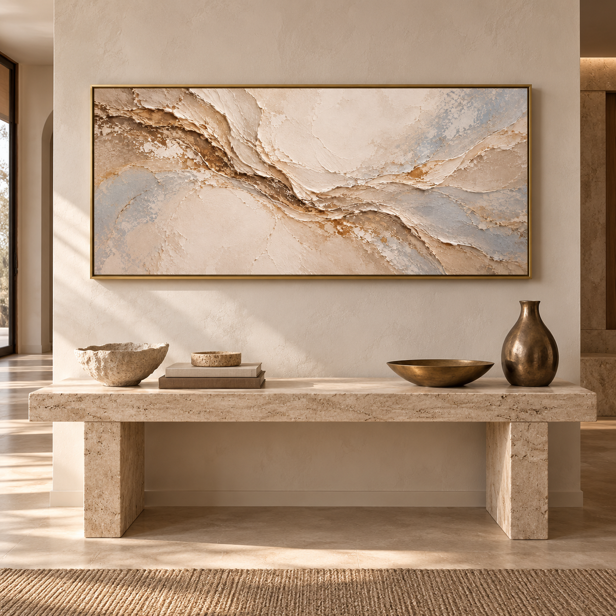 Earth Veins – Hand-Painted 3D Beige & Gold Weathered Canyon Textured Canvas Wall Art | Minimalist Wabi-Sabi Framed Artwork TEXVAS | Textured Canvas Art