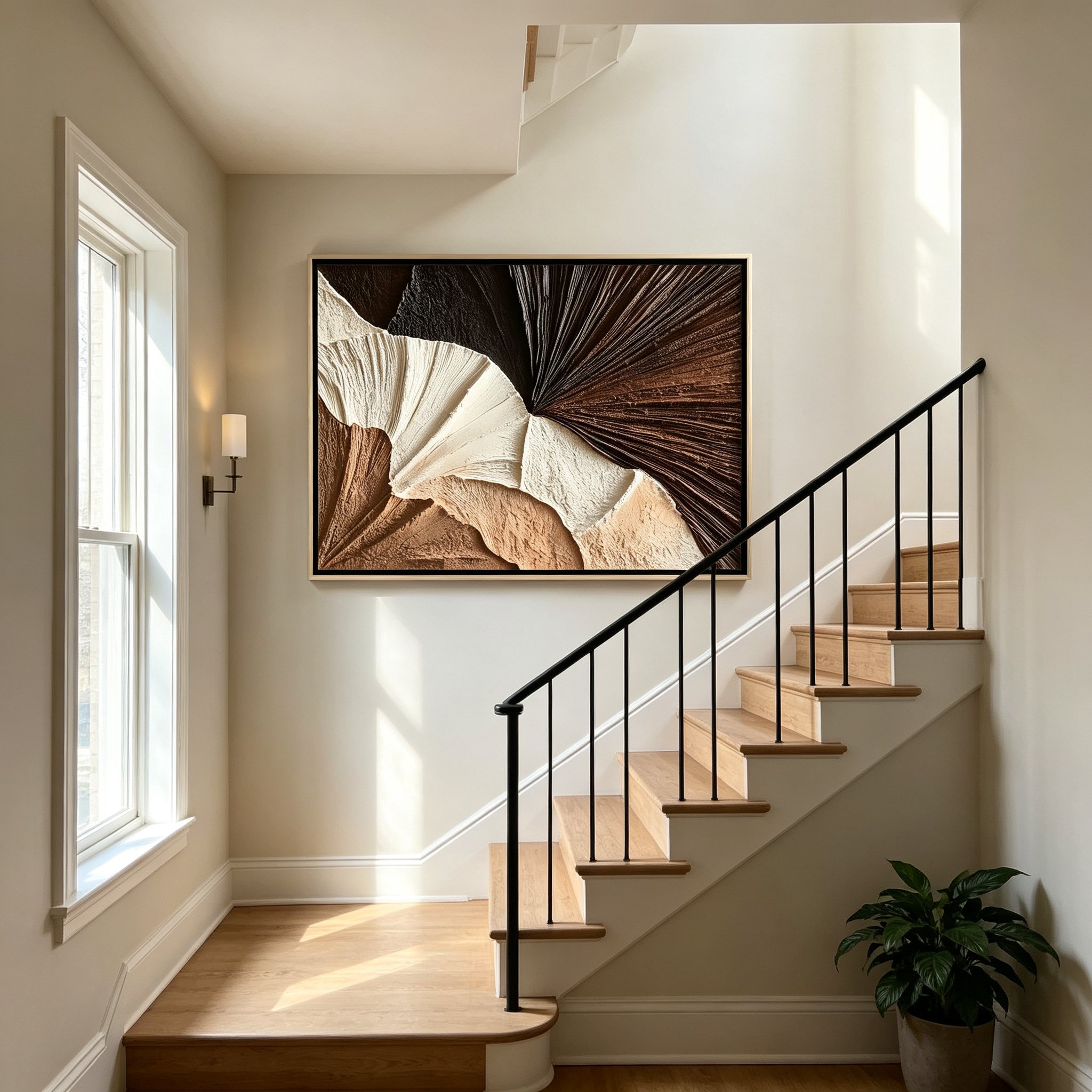 Sculpted Fan – Hand-Painted 3D Palm Leaf Textured Canvas Wall Art | Modern Earth Tone Wabi-Sabi Framed Artwork TEXVAS | Textured Canvas Art