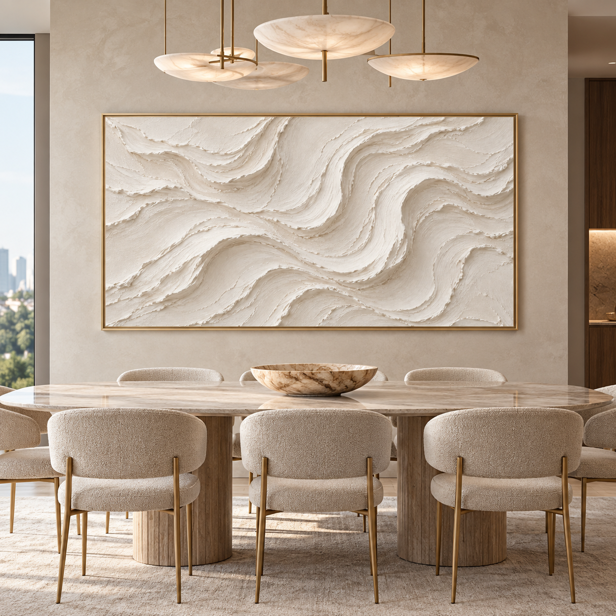 Large Horizontal 3D Textured White Canvas Wall Art – Hand-Painted Off-White & Cream Wave Plaster Oil Painting, Minimalist Modern Wabi-Sabi Flowing Line Palette Knife Art for Living Room Over Sofa & Bedroom Decor TEXVAS | Textured Canvas Art