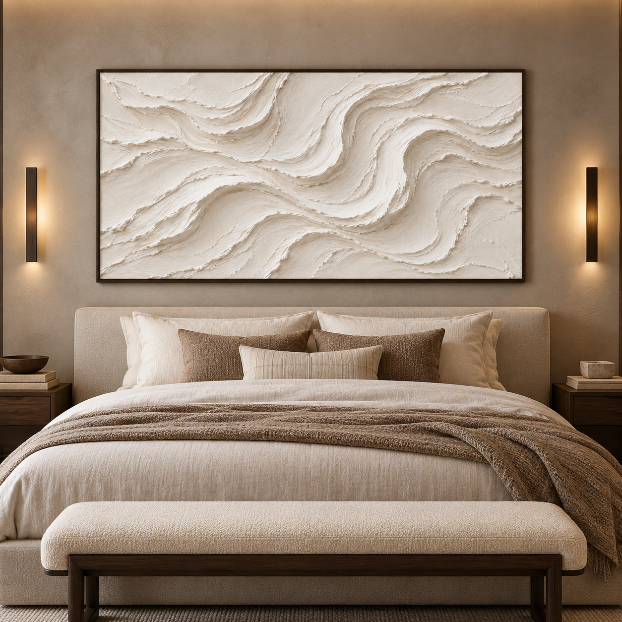 Large Horizontal 3D Textured White Canvas Wall Art – Hand-Painted Off-White & Cream Wave Plaster Oil Painting, Minimalist Modern Wabi-Sabi Flowing Line Palette Knife Art for Living Room Over Sofa & Bedroom Decor TEXVAS | Textured Canvas Art