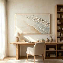 Minimalist Coastal Calm 3D Texture Art – Hand-Painted White Sand & Waves (Abstract Seascape Horizontal Wall Decor)